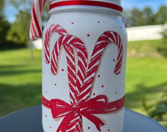 Mason jar candy cane holder, Christmas centerpiece, holiday decor, teacher’s gift, hostess gift