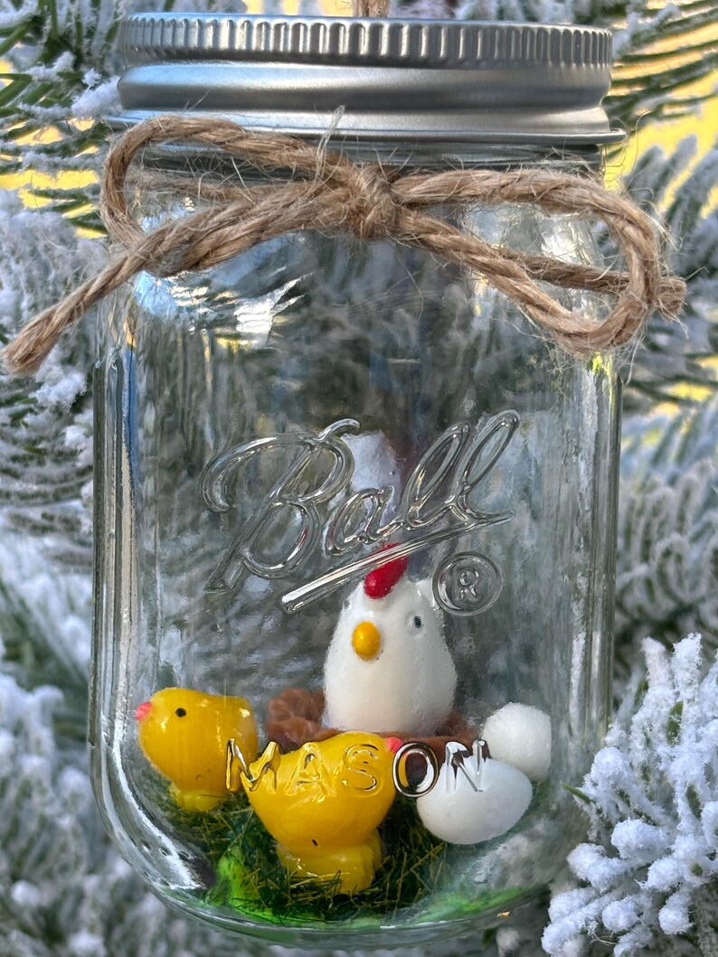 Miniature Ball Mason Jar Glass Christmas Tree Ornament With Chicken and