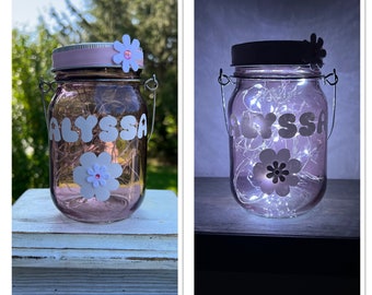 Personalized little girl or boy mason jar night light, Christmas gift for child, kids room decor, outdoor solar lantern for playground