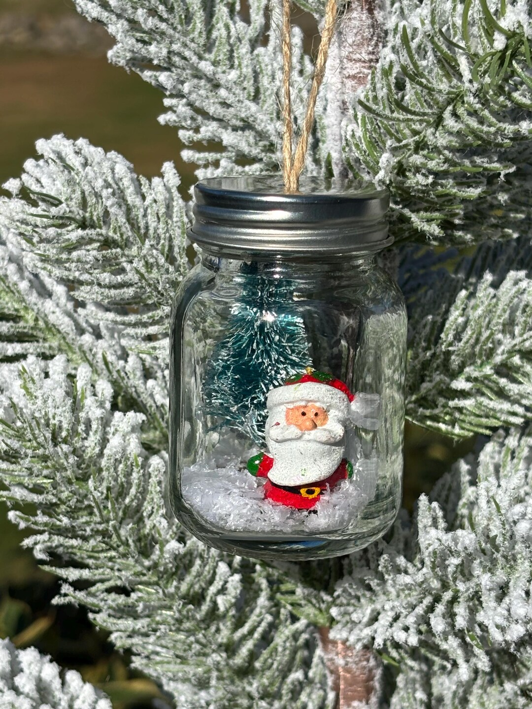 Miniature Glass Mason Jar Farmhouse Christmas Tree Ornament With Santa