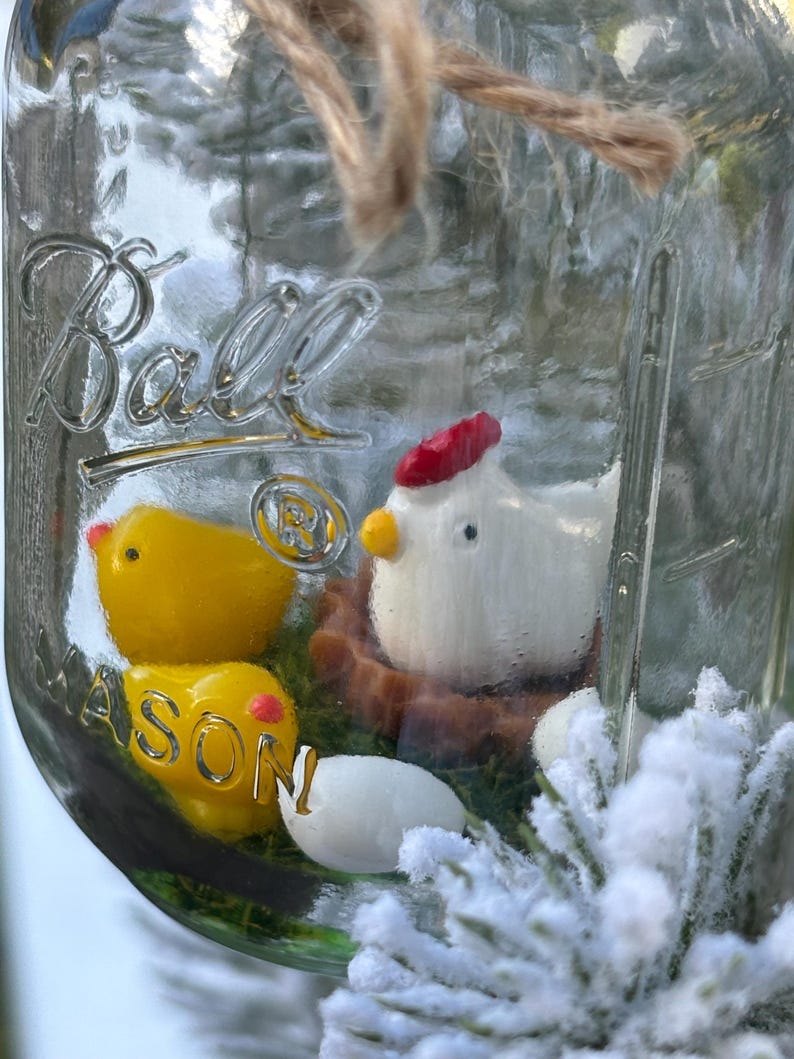 Miniature Ball Mason Jar Glass Christmas Tree Ornament With Chicken and