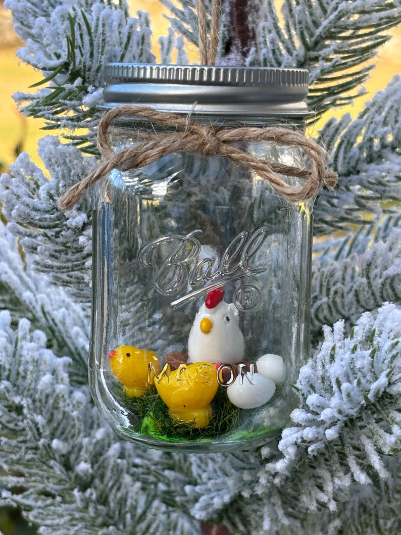 Miniature Ball Mason Jar Glass Christmas Tree Ornament With Chicken and