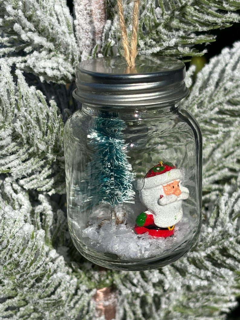 Miniature Glass Mason Jar Farmhouse Christmas Tree Ornament With Santa