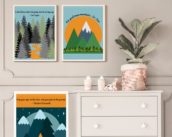 May include: Three printable wall art prints with inspirational quotes about nature and adventure. The first print features a forest scene with a river and the quote "I don't know where I'm going, but I'm on my way - Carl Sagan". The second print features a mountain scene with a sunset and the quote "Kid, you'll move mountains - Dr. Seuss". The third print features a mountain scene with a tent and stars and the quote "Keep your eyes on the stars, and your feet on the ground - Theodore Roosevelt".