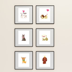 Set of 6 Puppy love prints, digital download, nursery and kids room wall art