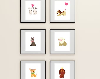 Set of 6 Puppy love prints, digital download, nursery and kids room wall art