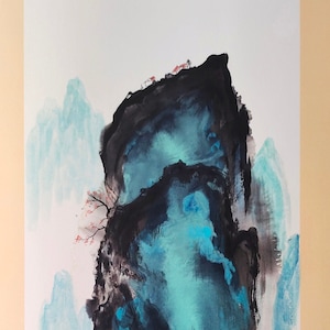 Pintura de tinta de paisaje chino, pintura original de pintura a mano del río marino del lago de montaña, arte abstracto de Asia, pintura personalizada de bellas artes Zen Literati