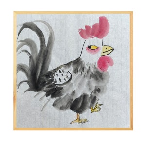 MISS MISY  Rooster "ok"  Handmade Original Watercolor Painting,funny cute Wall Art,Chinese japanese Art freestyle,wall Decor for home