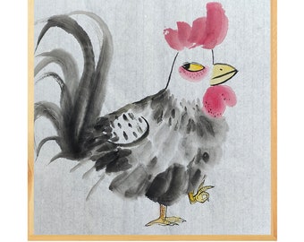 MISS MISY  Rooster &quot;ok&quot;  Handmade Original Watercolor Painting,funny cute Wall Art,Chinese japanese Art freestyle,wall Decor for home