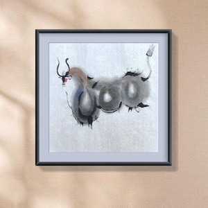 MISS MISY Yak pintura de acuarela original hecha a mano, arte de pared minimalista, estilo libre de arte japonés chino, decoración de pared para el hogar (NO una impresión)