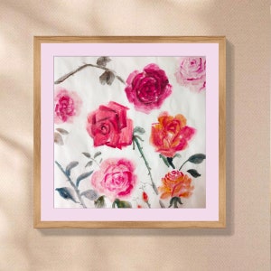MISS MISY Rose Handmade Original Watercolor Painting,pink flower Wall Art,Chinese japanese Art freestyle,wall Decor for home(NOT a Print)