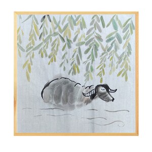 MISS MISY Handmade Original Watercolor Painting, buffalo under willow in water Wall Art,Chinese japanese Art freestyle,wall Decor for home