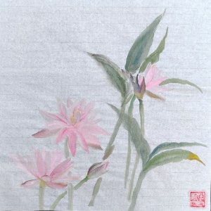 MISS MISY Lotus flower bamboo Handmade Original Watercolor Painting,pink Wall Art,Chinese japanese Art freestyle,wall Decor for home