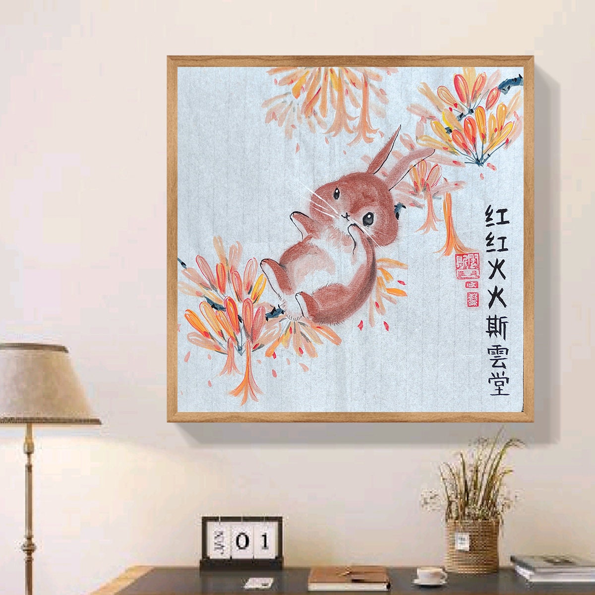 MISS MISY Rabbits With Flame Flower Handmade Original Watercolor ...