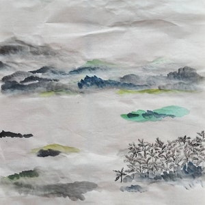 Landscape sea island tree coconut grove areca Painting Hand Made Chinese Asian art Small art Original Chinese painting Rice Paper
