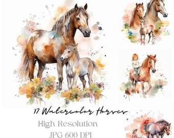 Horses Watercolor Clipart, Horse Illustrations, Animals in the Nature, JPG, Instant Digital Download, Commercial Use
