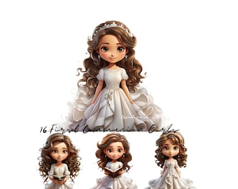 May include: Illustration of 16 First Communion girls. Each girl is depicted in a white dress with long, flowing brown hair. The main image shows a girl with a tiara. The text "16 First Communion Girls" is written in cursive.