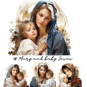 Clipart em aquarela de Nossa Senhora, Virgem Maria com o Menino Jesus em PNG (Digital)