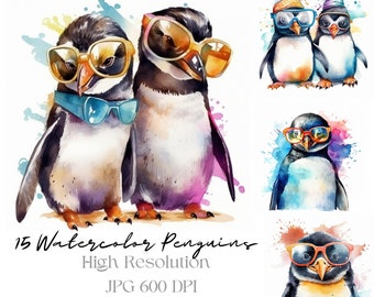 Cute Watercolor Penguins Clipart,  Penguin JPG, Penguin Bundle, Digital Illustration Bundle, Digital Crafting, Commercial Use, Cute Penguin