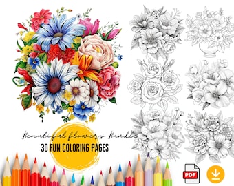 30 Flower Coloring Pages, Grayscale Illustrations (A4 PDF)