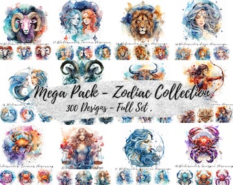 Watercolor Zodiac Clipart Bundle, Astrology JPG Images (Commercial Use)