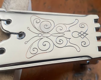 Banjo Tailpiece, Hand Engraved, Butterfly MotifBanjo