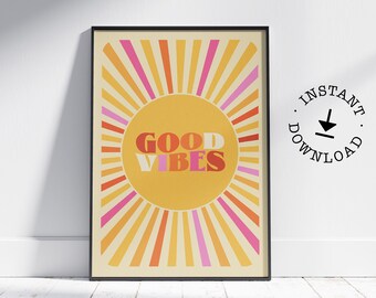 Good Vibes retro starburst plakat 60s 70s vintage cytat inspirujący sztuka ścienna cyfrowe pobieranie