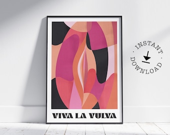 Viva La Vulva grabado, arte moderno abstracto, positividad corporal, tipografía, cartel feminista, amor propio