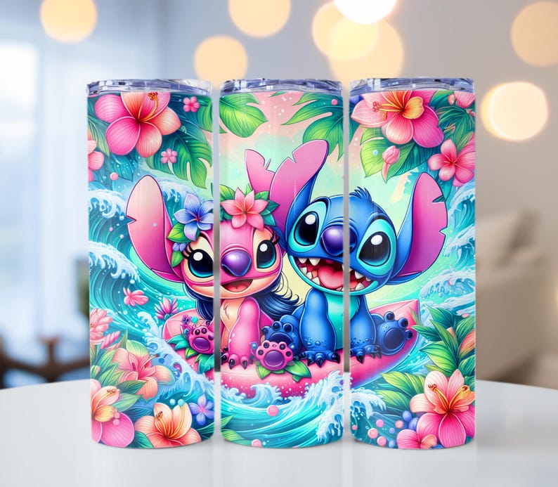 May include: A set of three stainless steel tumblers with a colorful design featuring Stitch and Angel from the Disney movie Lilo & Stitch. The design shows Stitch and Angel riding a wave with tropical flowers and a blue ocean background.