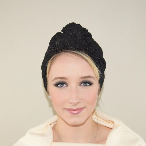 Turban bonnet avec un nœud pour femme en maille noire chaude pour l'hiver