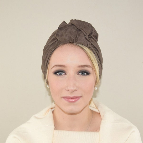 Turban bonnet en suédine pour femme marron chocolat, turban noué