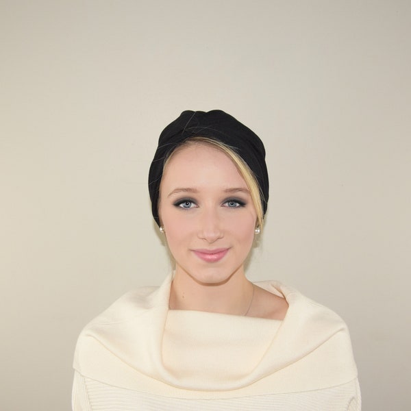 Turban bonnet noir en jersey de coton très fin et léger pour femme