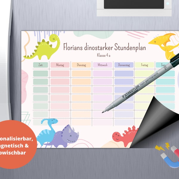 Magnetischer Stundenplan Dino laminiert und abwischbar inkl. Stift für den Kühlschrank