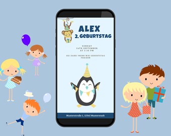 Digitale Einladungskarte zum Kindergeburtstag Pinguin | Blaue Einladung Geburtstag Junge