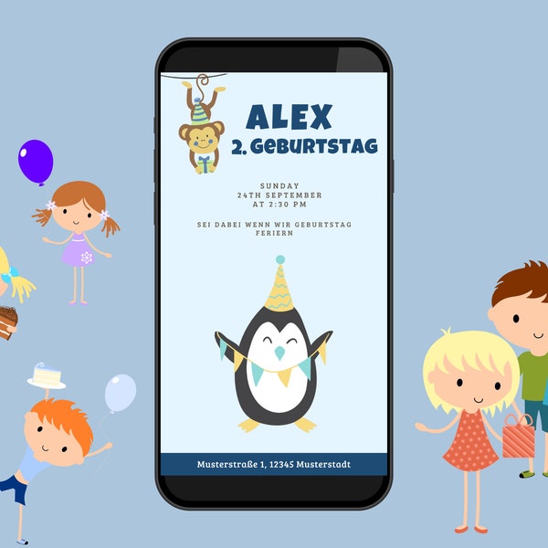 Carte d’invitation numérique pour le pingouin d’anniversaire des enfants | Blue Invitation Garçon d’anniversaire