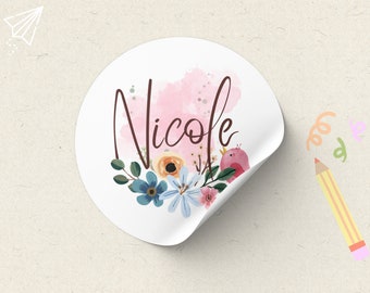 35 name stickers Round with flowers for the school | Premium Sticker Paper Matt