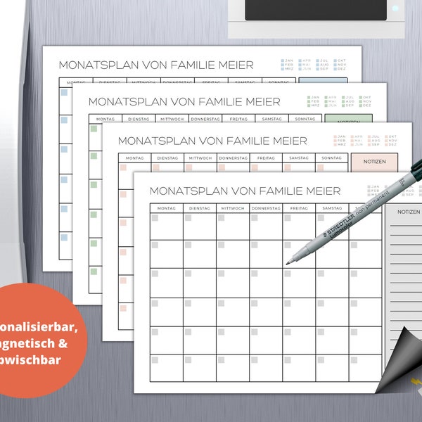 Magnetischer und abwischbarer Monatskalender inklusive Folienstift