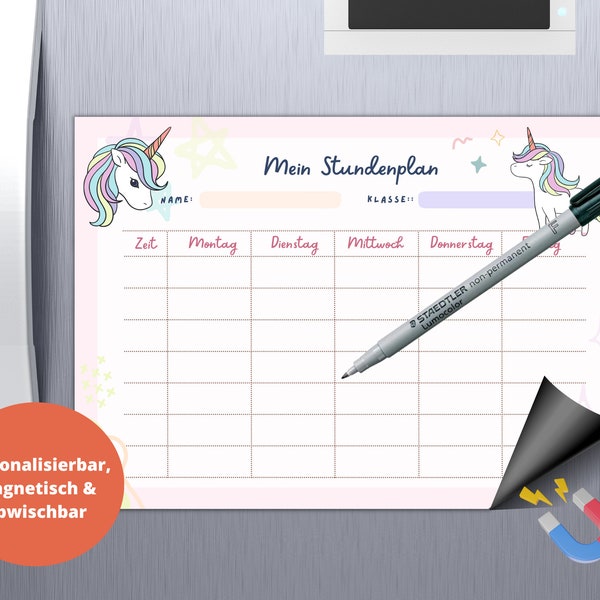 Personalisierter Stundenplan magnetisch mit Stift | Einhorn für Mädchen | A4 Druck oder Digital | Einschulung | Schuleinführung
