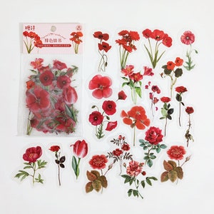Rote Blumen Aufkleber Set - 40 Stück für Scrapbooking, Journaling, Planer, und Kunsthandwerk | Gepresste Blumenaufkleber | Verschiedene Größen und Stile