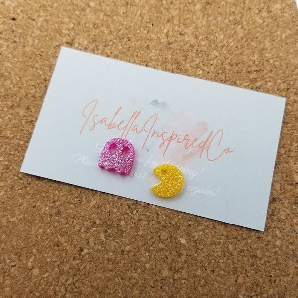 Pac Man and Ghost Mismatched Earrings, Stud Earrings, 1980's Video Games, Nostalgia Gift, Hypoallergenic, Resin Glitter Handmade