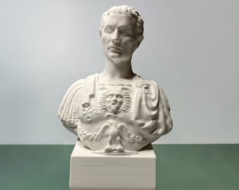 May include: White plaster bust of a Roman emperor wearing a detailed breastplate with an eagle and a head in relief. The bust is on a white pedestal.
