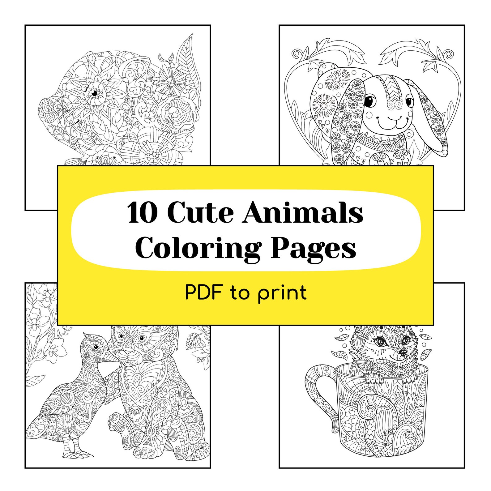 10 Cute Animals Coloring Page for Adults Coloring Pages - Etsy