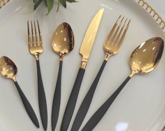 60 Pieces Gold Cutlery Set, Tableware Black Silverware Set, Gold Black Flatware Set 60 Pieces, Black gold Cutlery Set Tableware Cutlery Set