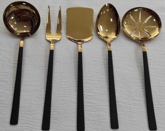 GROSSE Schöpfkelle , Suppenkelle , Servierkelle, vergoldet, Gabel mit langem Griff, große Serviergabel, personalisierte Hochzeitstorte und Messer-Servierset