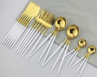 Gold Besteck Set 72 Stück Set , Geschirr Weiß Besteck Set , Gold Weiß Besteck Set 72 Stück, Weiß Besteck Set,