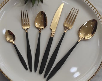 Schwarz Gold Besteck Set 89 Teile Set, Schwarz Gold Geschirr Besteck Set, Gold Besteck Set 89 Teile, Titan Gold Messer und Löffel Set