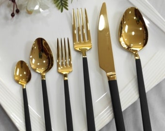 Schwarz Gold Besteck Set 84 Teile Set, Schwarz Gold Geschirr Besteck Set, Gold Besteck Set 84 Teile, Titan Gold Messer und Löffel Set