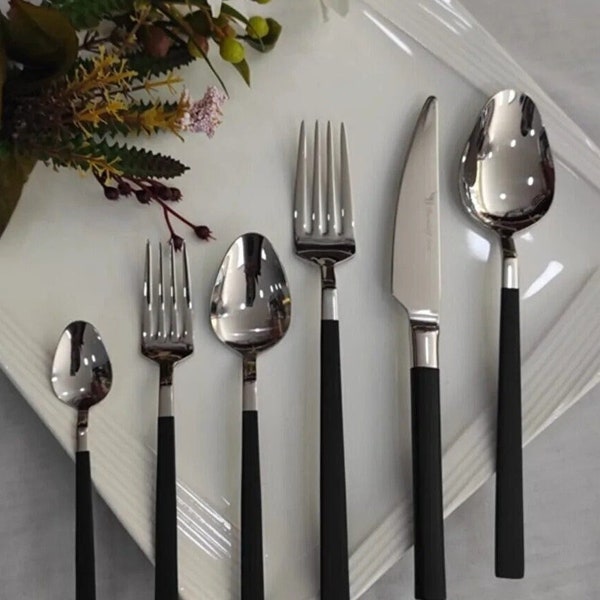 For 12 People Personalized Silver Cutlery Set 72 Pieces Set, Tableware Black Silverware Set, Black Silver Flatware Set, Engraved Cutlery Set