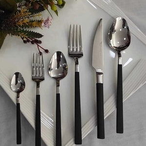 Black Silver Cutlery Set 42 Pieces Set, Tableware Silver Cutlery Set, Black White Flatware Set 42 Pieces, Silver Cutlery Set,