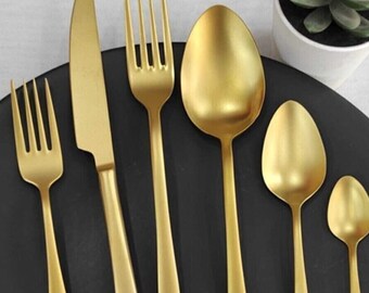 Personalized Matte Gold Cutlery Set 6 Pieces, Tableware Gold Cutlery Set, Gold Personalized Flatware Set 6 Pieces, Cutlery Set, For 1 Person